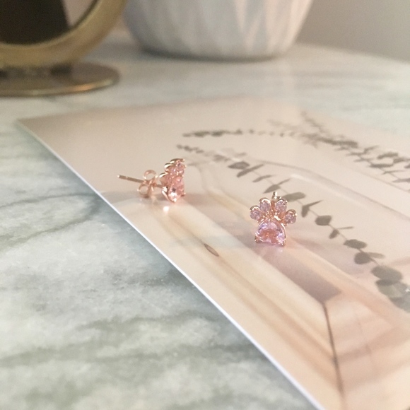 Paw Print CZ Rose Gold Animal Pet Love Earrings - Picture 7 of 9